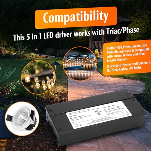 Image of 100W Dimmable LED Driver 24V, 110V-277V AC to 24V DC Led Light Transformer Compatible with lutron and leviton Dimmer, TRIAC /Phase /0-10V /1-10V /Potentiometer /10V PWM 5 in 1 Dimming LED Driver, UL Listed