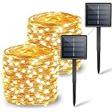イルミネーションライト ソーラー 100LED 10m 【2セット】ソーラーライト 大型パネル 最大15時間点灯 防水 ゴールド 日本語説明書付き
