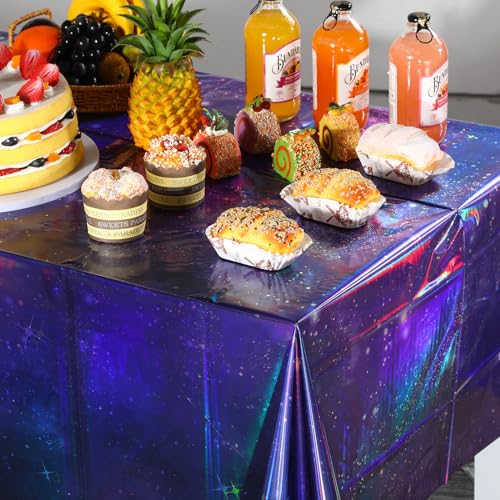 Image of 12Pcs Iridescent Space Tablecloths, Disposable Plastic Purple Galaxy Table Cloth Rectangle Table Covers for Space Starry Night Star Theme Party Birthday Party Decorations, 54x108 Inch