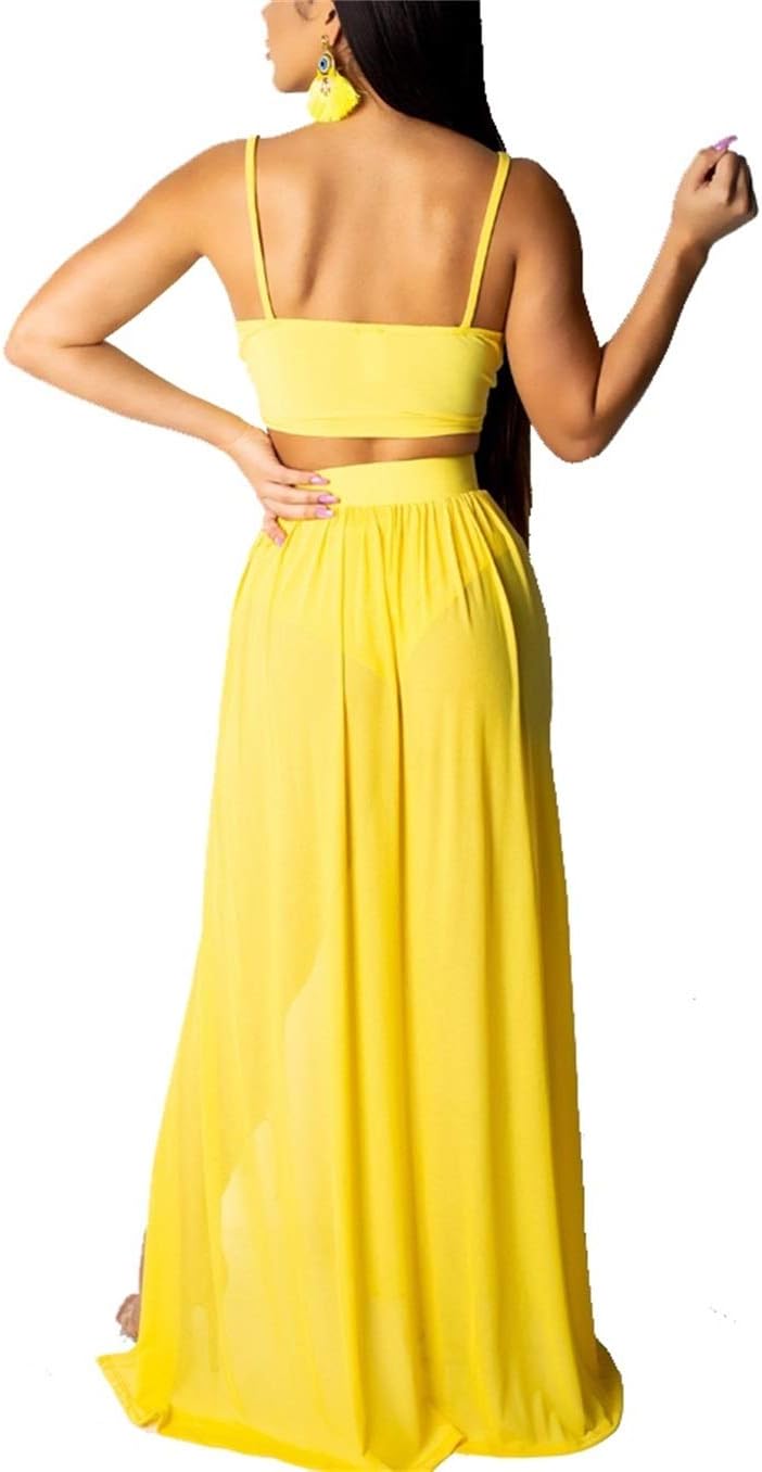 EOSIEDUR Women's Chiffon Bohemian Floral Printed 2 Piece Sets Crop Cami Top & Split Beach Party Maxi Dress - Image 2