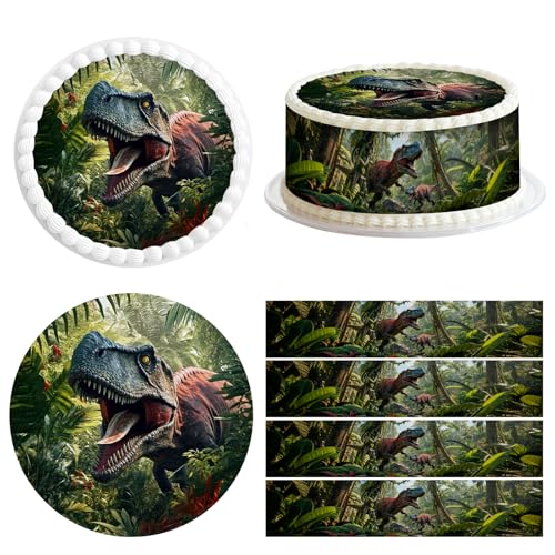 Tortenaufleger Dino 1 Stück Essbar Tortendeko Ø 20cm+4 Stück Tortenband Essbare 24cm x 5cm Tortendeko Dinosaurier Essbarer Tortenaufleger Dinosaurier Kuchen Dekoration für Geburtstag