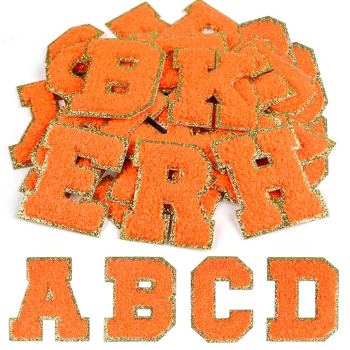 CHRORINE 26/52/104 Pcs Self Adhesive Chenille Letter Patches A-Z, Also Supports Sew or Iron on, Embroidered Alphabet Patches Stickers for DIY Clothing, Bags, Hats (26, Orange, Height 2.16″)