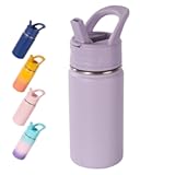12oz Kids Water Bottle for School, Toddler Bottles with Straws, Stainless Steel Vacuum Insulated Water Bottle for Boys&Girls, Leak-Proof, BPA-Free, Purple