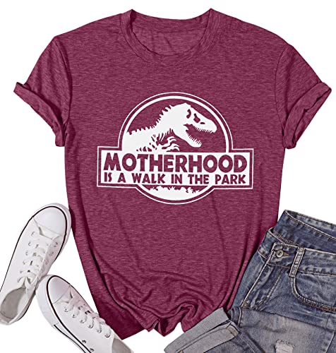 Image of Mama Dinosaur Shirt Women Dinosaur Mom Graphic Shirts Motherhood is A Walk in The Park Tshirt Funny Mama Tee