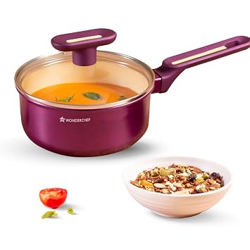 Wonderchef Bellagio Sauce Pan | 16 cm | 1.4 L | Non-Stick Ceramic Coating | Non-Toxic | Pure Aluminium | PFAS and PFOA Free | 3mm Thickness | Two-Tone Soft-Touch Handle & Knob | 2 Years Warranty