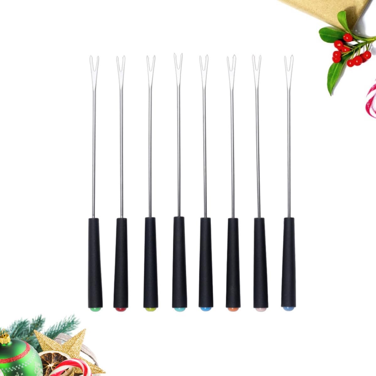 Stainless Steel Cheese Fondue Forks for Fruit and Cheese 8pcs with Black Plastic Handle, Multi-purpose Portable Food Forks Random Color for Camping and Outdoor Use