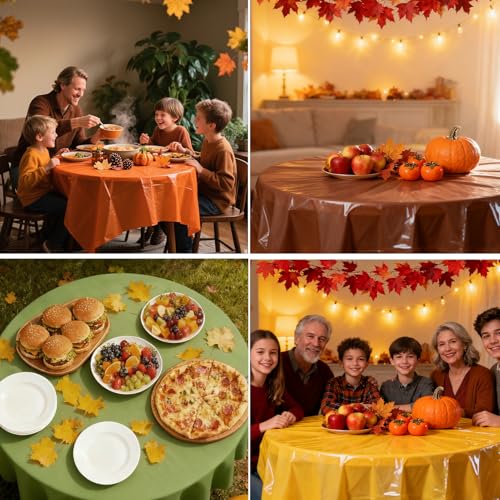 Image of CIEOVO 12 Pack Fall Plastic Tablecloth Autumn Color Disposable Waterproof Round Tablecloth for Fall in Love Wedding Thanksgiving Harvest Family Birthday Party Decoration