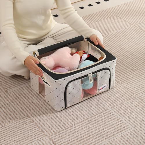 Image of HOKIPO 24L Folding Storage Box and Organiser for Clothes, 600D Oxford Fabric Storage Box, Ivory Noir Pack of 1 (AR-6484-BLK)