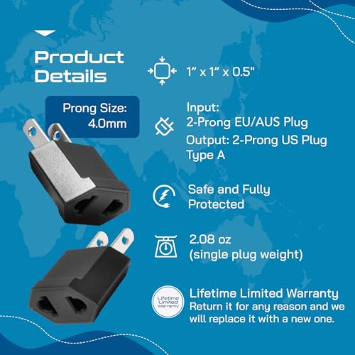 Image of Ceptics European to US Plug Adapter Socket, Europe Asia China Korea to USA 2 Pin Adaptor Type C to Type A Power Wall Adapter, Japan, Canada, Round to Flat Pin (6 Pack)