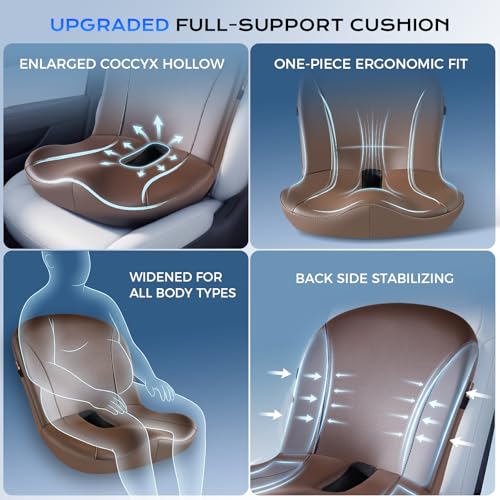 Image of Coverado Car Seat Cushion and Lumbar Support Pillow One Piece, Napa Leather Memory Foam Ergonomic Back Support Driving Seat Cushion for Back Pain, Non-Slip Washable Cushion for Car, Driver, Office