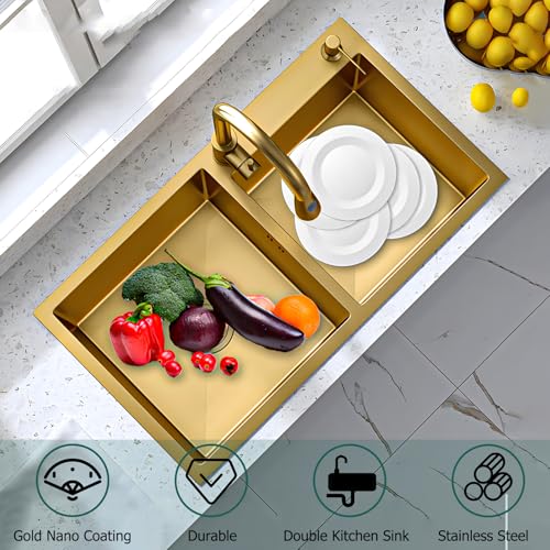 Fregadero de doble lavabo dorado 80 cm acero inoxidable para cocina con tapón de drenaje 3