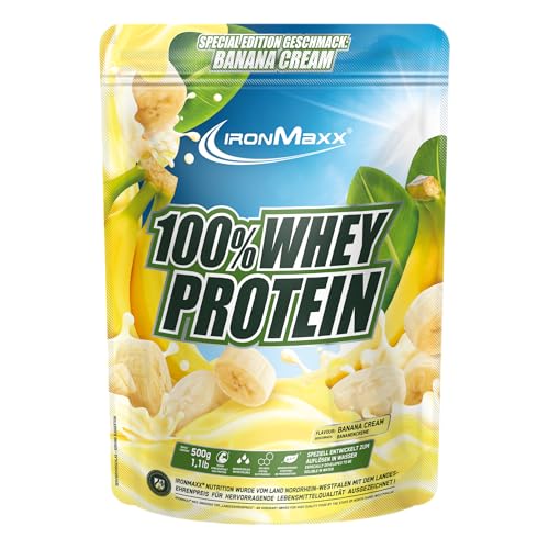 IronMaxx 100% Whey Protein Pulver 500g - Banana Cream | Cremiger Eiweißshake mit BCAAs & EAAs | High Protein, Low Carb & zuckerarm | Ideal für Muskelaufbau & Fitness Design kann variieren