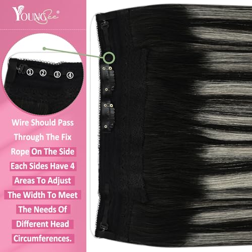 Image of YoungSee 125G Wire Hair Extensions Black Ombre, Natural Black Roots to Silver Balayage, Human Hair Fish Line Extensions, Secret Wire Hair Extensions for Natural Look, 16 Inch 1 Piece Straight Hair