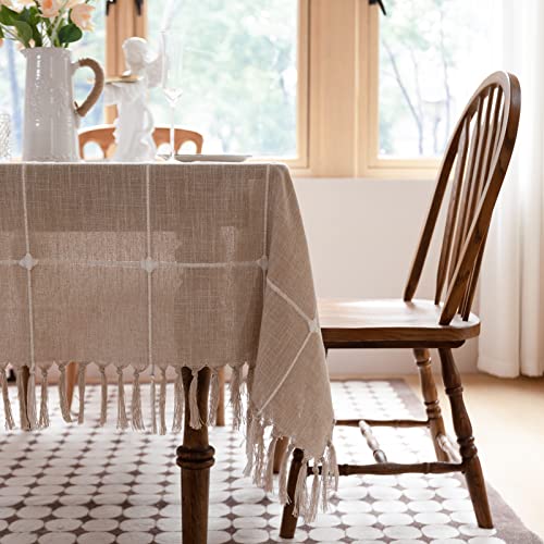 Inutowa Rustic Handmade Tassels Tablecloth - Waterproof Tablecloths For Rectangle Tables Wrinkle Free Oil Stain Resistant Outdoor Table Cover For Party Dining Plaid Table Cloths Coffee 55 X 70 #TOP4
