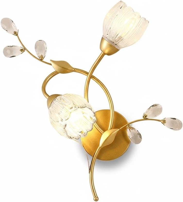 French Gold Crystal Wall Sconce, 2-Light Brass Vanity Lamp with Clear Glass Flower Shades, Romantic Vintage Bedside Light for Bedroom, Living Room, Hallway, Staircase, Vanity Parlor(Large)