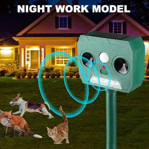 2024 Ultrasonic Animal Repellent, Solar Powered Cat Squirrels Deterrent with Motion Sensor,Sound,LED Flashing,Waterproof Deer Repellent for Dog Bird Skunk Rabbit-X3
