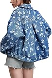 D-Sun Women Casual Printed Denim Jacket Oversized Button Down Long Sleeve Boyfriend Vintage Jean Jacket Coat with Pockets