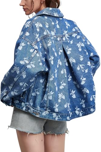 D-Sun Women Casual Printed Denim Jacket Oversized Button Down Long Sleeve Boyfriend Vintage Jean Jacket Coat with Pockets