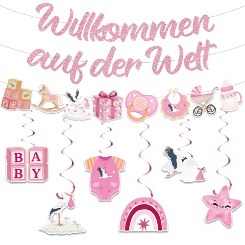 Tasoraor Willkommen Zuhause Baby Girlande - Welcome Home Deko Banner und Hängende Wirbel, Glitzer Dekorationen für Babyparty Willkommen Zurück Party Mädchen (Rosa)