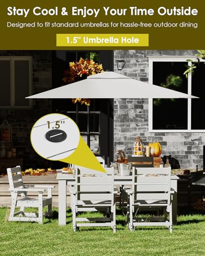 Image of GREENVINES Outdoor Dining Table | 67'' | HDPE | Rectangle Tables for 6 | All-Weather | Umbrella Hole | Patio Furniture | for Poolside Backyard Garden | White