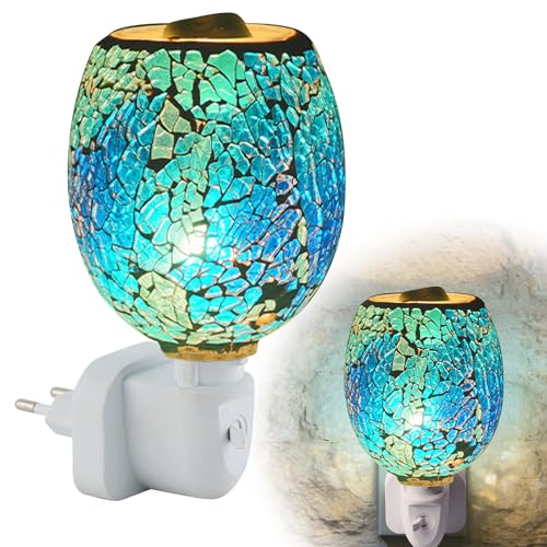 PORFOYO Lampada profumata elettrica plug-in, 220 V, lampada di profumo in vetro elettrico, modello blu, senza fumo, per casa, ufficio, camera da letto, spina europea, luminosità regolabile