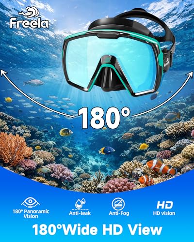 Image of Freela Adult Snorkel Diving Mask with Nose Cover, Tempered Glass Anti Fog Waterproof 180 Panoramic Wide View Scuba Free Diving Goggles for Men Women