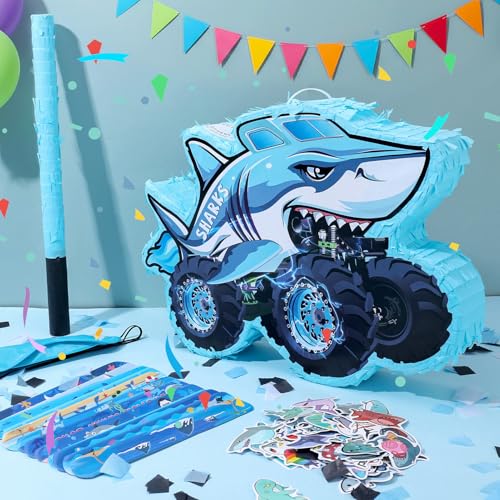 Shark Truck Pinata - Monster Truck Pinata with Blindfold and Bat for Birthday Parties, Monster Truck Pinata for Themed Decorations 16x12x3 Inches by Guiqulai - Image 2