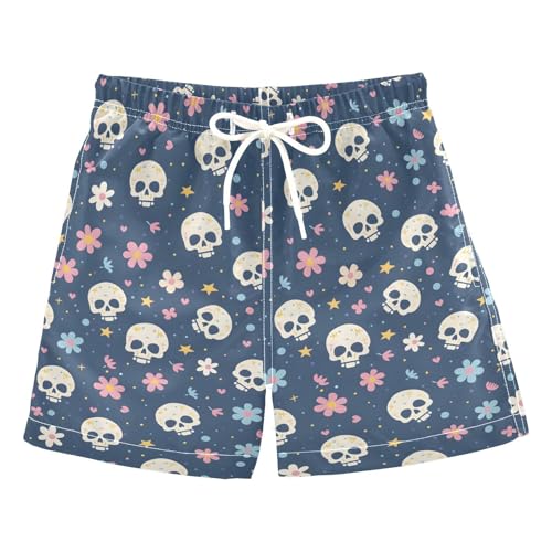 ALAZA Sugar Skull Flower Navy Blue Boys' Swim Trunks Beach Shorts Quick Dry Swimsuit 2T