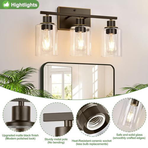 Image of Indoi 3-Light Bathroom Light Fixtures, Oil-Rubbed Bronze Modern Vanity Lights with Clear Glass Shades, Bathroom Wall Lamp for Mirror Living Room Cabinet Bedroom Porch