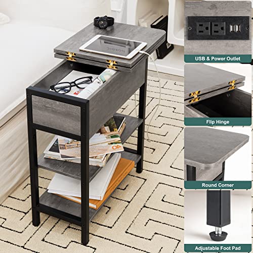 Image of Yoobure End Table with Charging Station, Flip Top Side Table with USB Ports and Outlets, Sofa Couch Table Bedside Table for Living Room Bedroom, Narrow Nightstand with Shelves for Small Space Gray