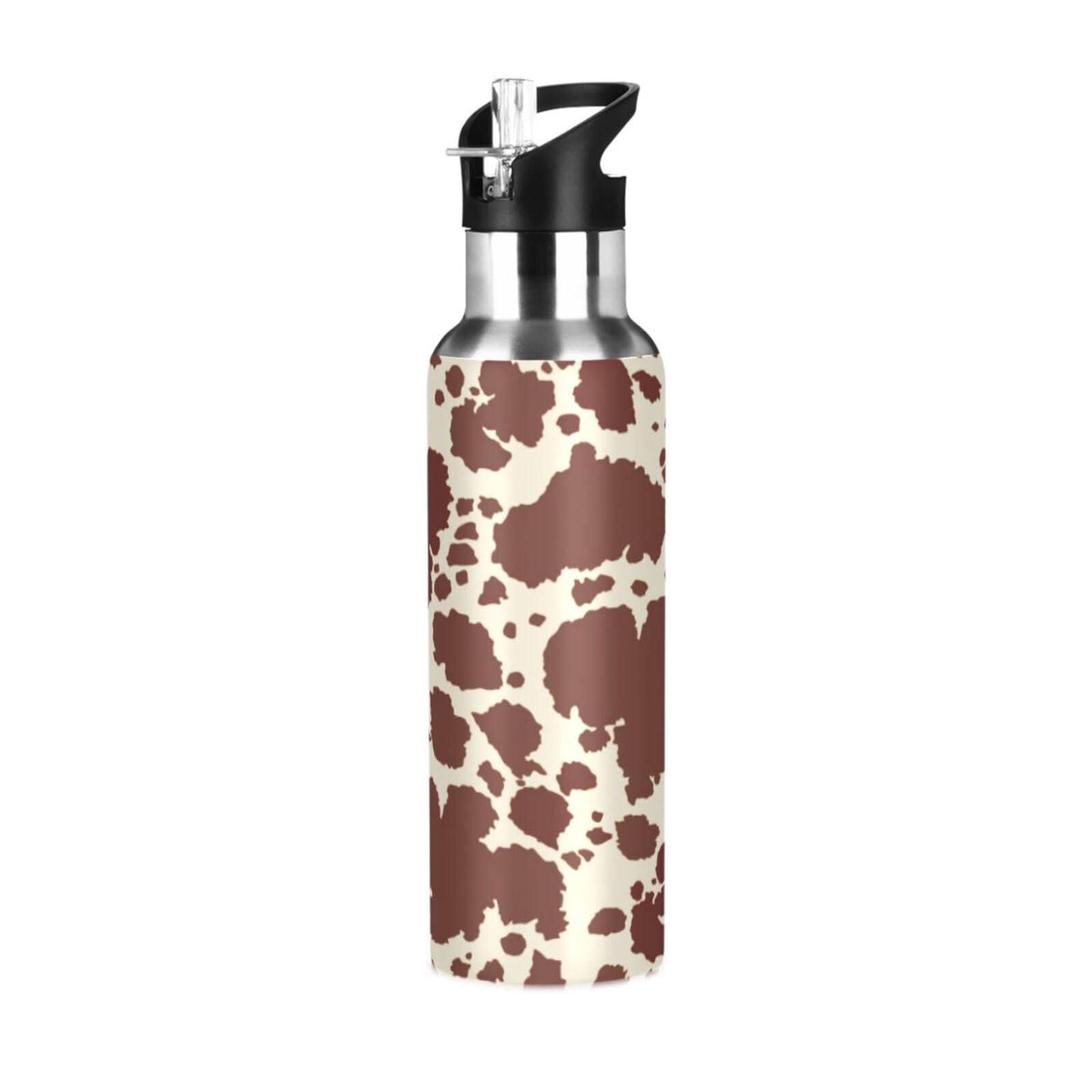 Yopersonalizes Insulated Water Bottle with Straw 600 ml/20 oz Brown Cow Print Stainless Steel Sports Water Bottles Leakproof Hot Cold Metal Drink Flask for Travel Gym