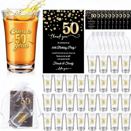 FillTouch 50 Sets Birthday Party Favors for Guests Bulk, 1.4 oz Cheers to 40/45/50/55/60/65 Years Plastic Personalized Glasses Cups with Thank You Cards Gift Bag for Birthday Wedding (Gold 50 Years)