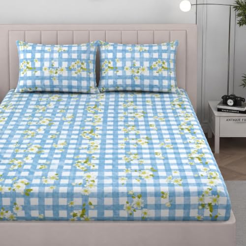 Image of 380 TC Premium Glace Cotton Elastic Fitted Bedsheet King Size with 2 Pillow Covers King Size | Double Bed with All Around Elastic (BlueCK, Fitted - 72 inchx78 inch King)