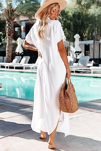 Dokotoo Swimsuit Bathing Suit Cover Up for Women Swimwear 2026 Fashion Summer Dresses Button Down Long Kimonos Cardigan Beach Vacation Clothes Short Sleeve Side Split Casual Solid Coverups White M