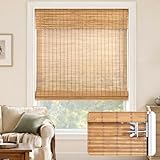 LazBlinds No-Drill Cordless Roman Shade - Light Filtering Natural Wood, Easy Install Bamboo Blind for Windows 35' W x 64' H, Malay Oak