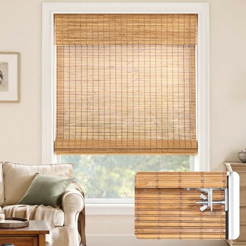 LazBlinds No-Drill Cordless Roman Shade - Light Filtering Natural Wood, Easy Install Bamboo Blind for Windows 35