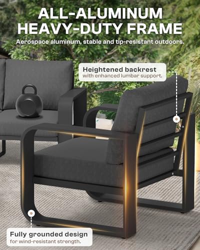 Image of Aluminum Outdoor Sofa Bistro Set, Oversized Patio Conversation Sets Widened Armrest & Ultra-Thick Cushions, Deep Seating Patio Furniture Set for Backyard, Deck, Graphite
