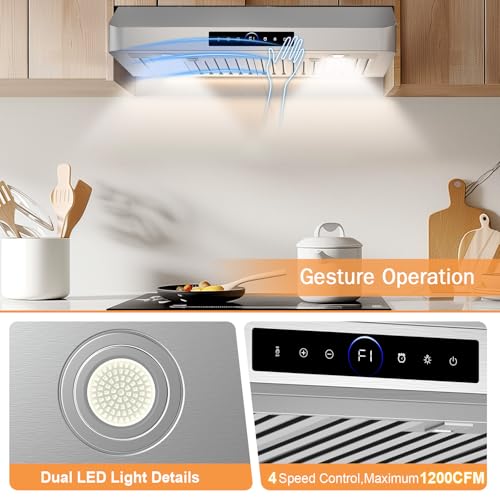 30 Inch Under Cabinet Range Hood 1200CFM, 4-Speed Kitchen Hood with Touch Control & Gesture Sensing Stainless Steel Kitchen Stove Vent Hoods with 2 LED Lights Standard Series