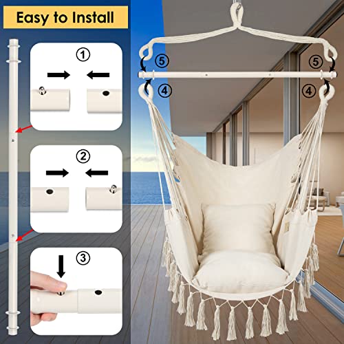 Y- STOP Hammock Chair Hanging Rope Swing, Max 500 Lbs, 2 Cushions Included, Large Macrame Hanging Chair with Pocket for Superior Comfort, with Hardware Kit (Beige) by Y- STOP - Image 5