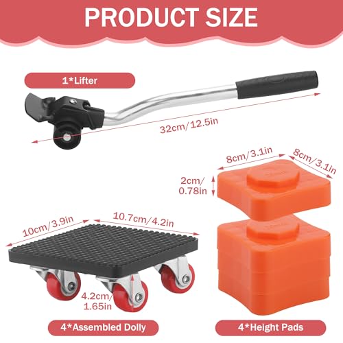 Zourglow Möbel Transportroller Set, Möbeltransport Set mit 4 Möbelroller und Lastenheber, 360 Grad Drehbar Rads, 500kg Tragfähigkeit, Möbeltransporter für Schwere Möbel