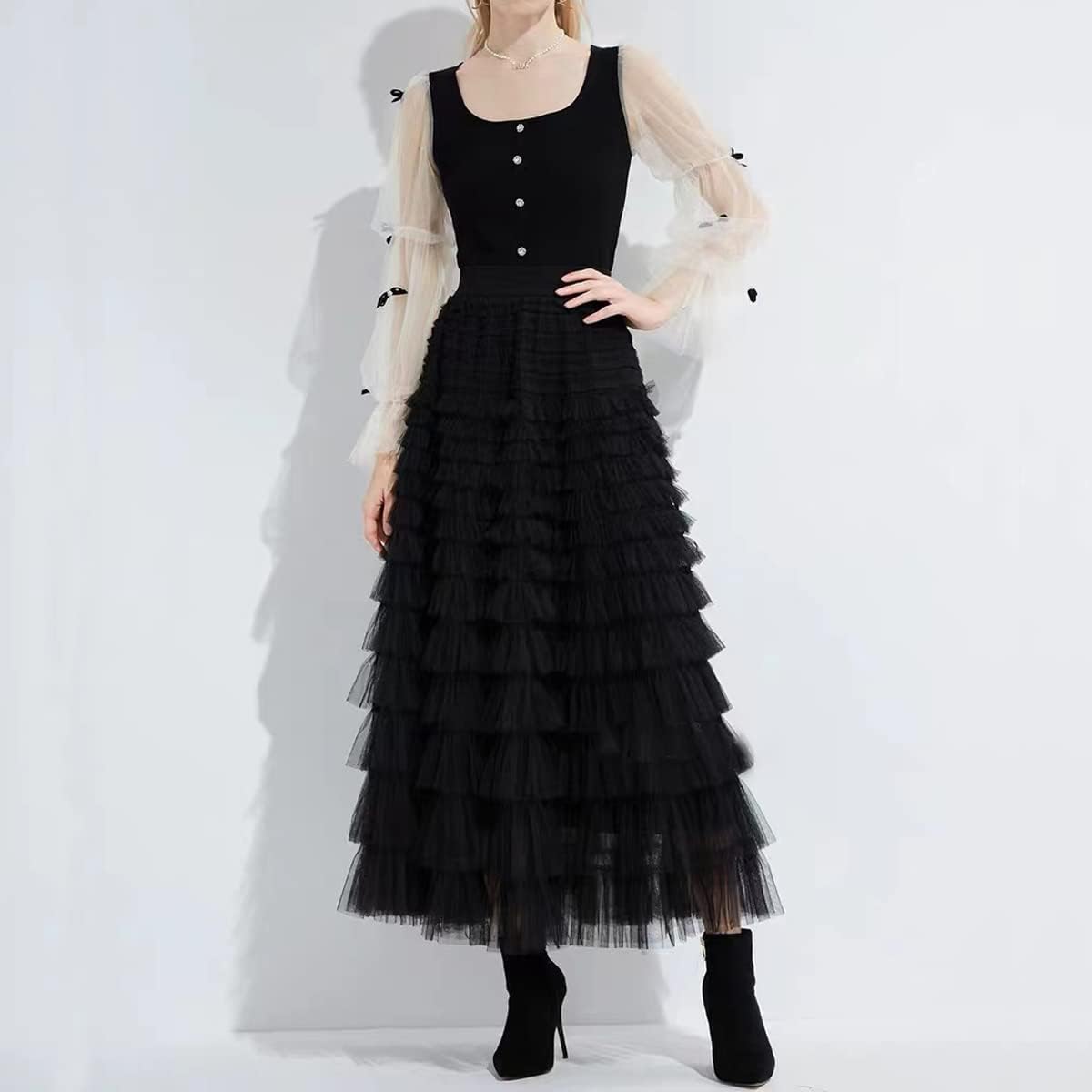 Women’s Layered Ruffles Tulle Skirt Pleated High Waist Fluffy Maxi Skirt Fairy Cake Dress Long Tutu Party Skirt - Image 4