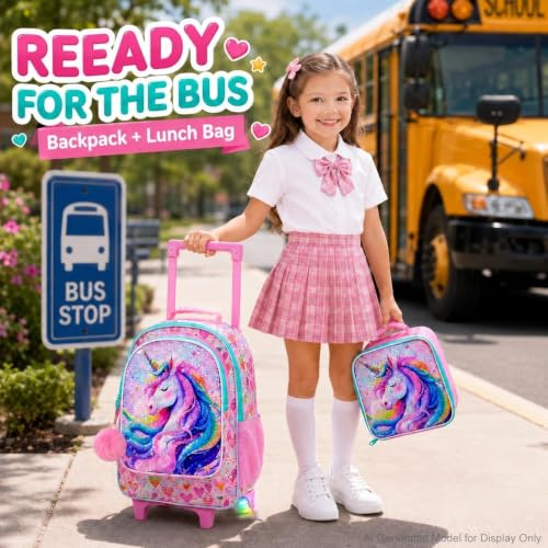Image of CCJPX 3Pcs Unicorn Rolling Backpack for Girls, 18 inch Kids Glow Wheels Bookbag with Lunch Box, Lightweight Roller School Bag for Elementary Preschool (Pink)
