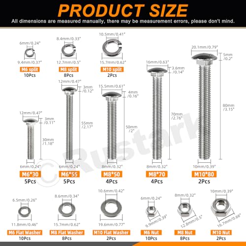 Image of 80Pcs 5 Sizes 304 Stainless Steel Carriage Bolts with Nuts and Washers Kit Silver Square Neck Carriage Bolts Screws Metric Round Head Carriage Bolt for Machinery Industry