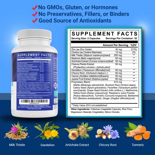 Truthentics Liver Health Supplement - Liver Health And Detox Support Milk Thistle Liver Cleanse With Artichoke, Dandelion, Turmeric - Easy To Swallow Liver Health Formula Capsules - 60 Count #TOP2