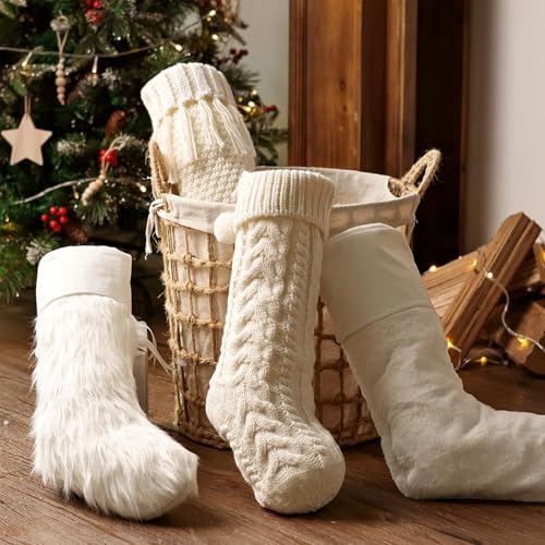 Personalized Christmas Stockings: 4 Pcs 18 Inch White Farmhouse Plush Faux Fur & Cable Knitted Fireplace Xmas Stockings, Rustic Personalized Stocking Hanging Gifts Decorations for Family Holiday Decor by Pawliss - Image 7