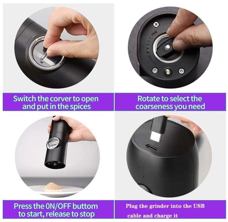 DORAIMI123Rechargeable Electric Pepper Grinder,RefillableSpices Automatic Grinding Shaker Set, Adjustable Coarseness, Suitable for BBQ Restaurant Kitchen(Black)