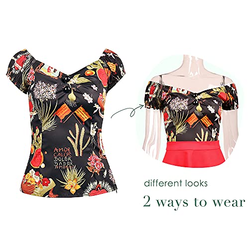 Image of YARN & INK Women's Rockabilly Tops 1950s Pinup Shirt Casual Off Shoulder Vintage Blouse