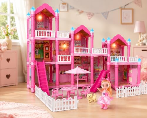Image of 4-Floor Dollhouse Playset, 11 Rooms, 296 Pieces, Pink Villa