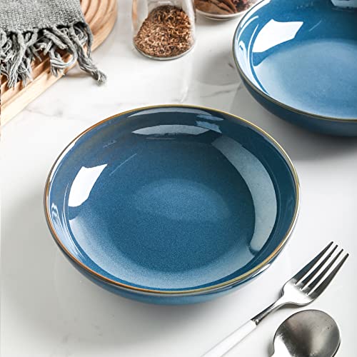 Selamica Ceramic 30 Ounce Large Pasta Bowls 8 Inch Serving Bowls, Wide And Shallow Porcelain Bowls, Microwave Dishwasher Safe, Set Of 4, Ceylon Blue(Glod Rim) #TOP2
