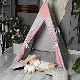 PaLulli Tipi Spielzelt für Kinder mit Matte & Anti-Kollaps-System & 4 Dekokissen Baumwolle- Segeltuch Kinderzelt (Stars PINK)